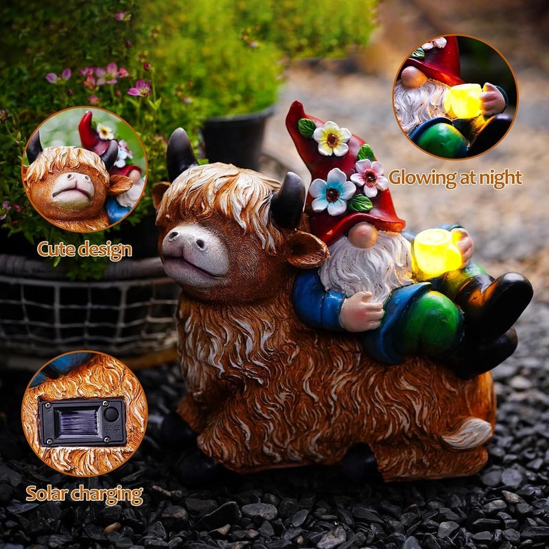 Pohabery Garden Gnomes Decor Outdoor Statues Gnome on Highland Cow Hold Solar Cup Light Outdoor Decorations for Patio,Yard and Gift for Mom - Image 3